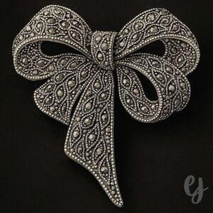 Bow Brooch – Marcasite Style in Silver Tone Openwork Setting with Grey Stones